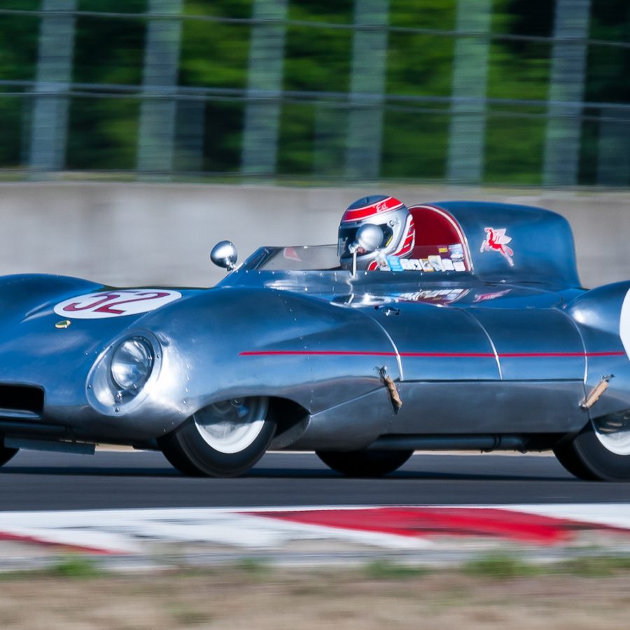 Group 1.  Ed Nigro (#52, 1956 Lotus Eleven) entering turn 12 during Saturday morning's qualifying race. Jeff Mach