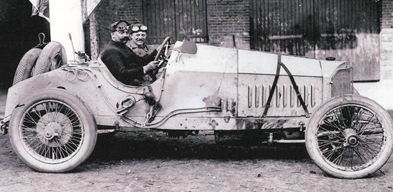 Christen Lautenschlager and mechanic Hans Reiger in the Mercedes Grand Prix