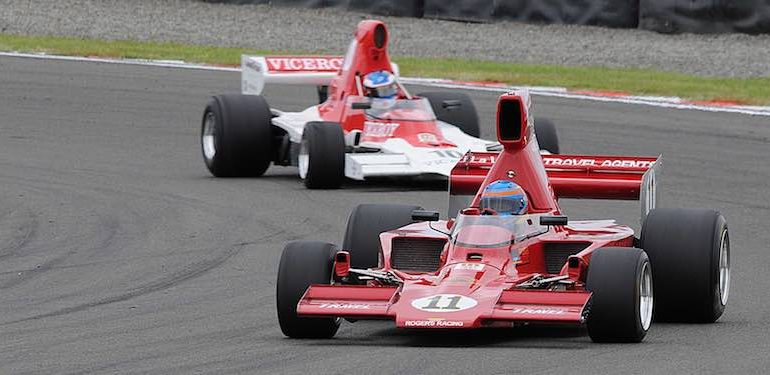 Ken Smith's Lola T332 leading Andrew Higgins' Lola T400 in the first MSC F5000 Tasman Cup Revival Series race at Manfeild