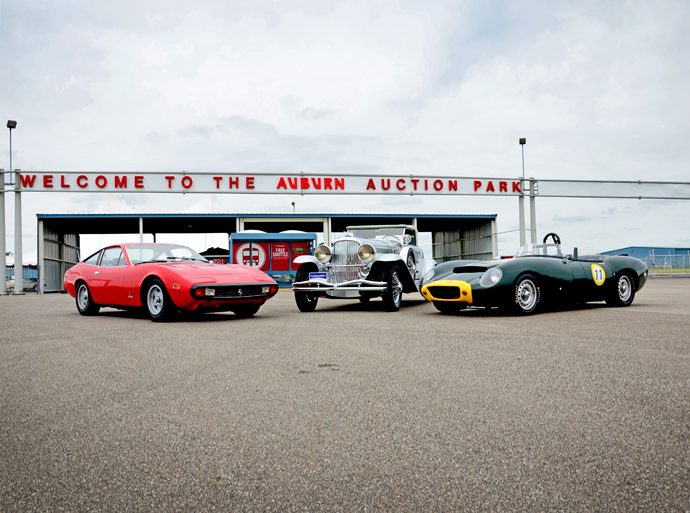 Top three sales of Auctions America’s 2015 Auburn Fall weekend at the gates to the historic Auburn Auction Park following the sale (Credit: Tyler Allen © 2015 Courtesy of Auctions America)