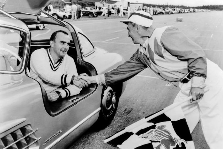 In 1956, Paul O’Shea won the US Sports Car Championship for the second time in a row driving the Mercedes-Benz 300 SL touring sports car. The photo was taken in the 1955 season, in which he competed already driving the W 198