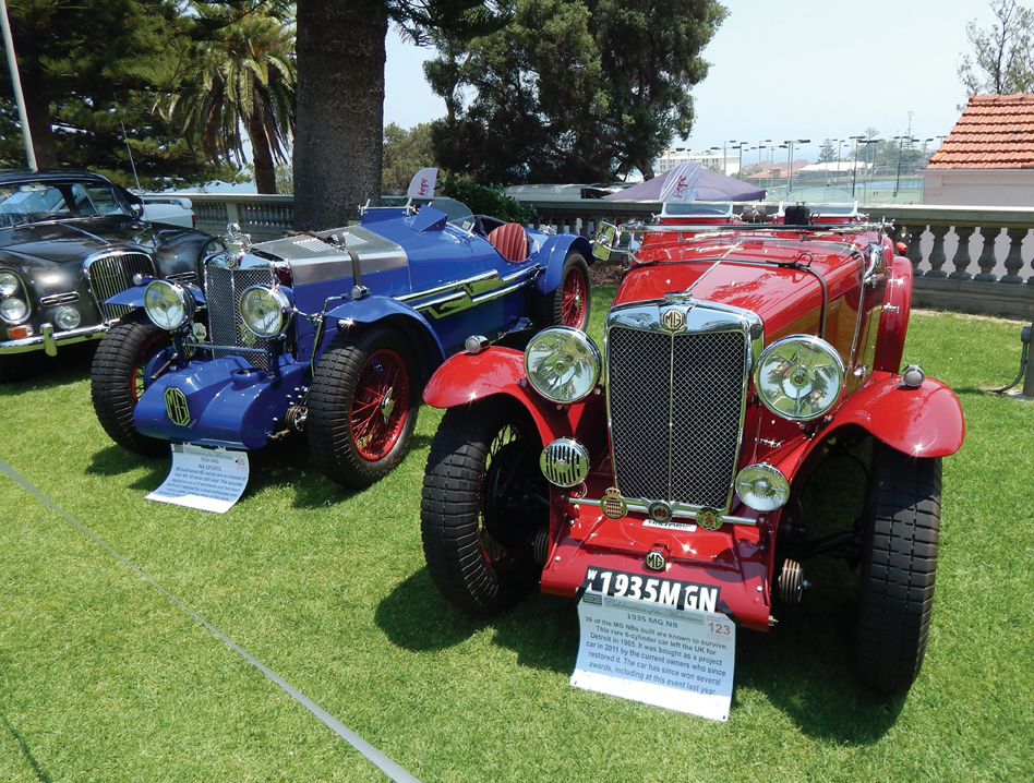 The blue 1934 MG NA (replica) next to 1935 MG NB.