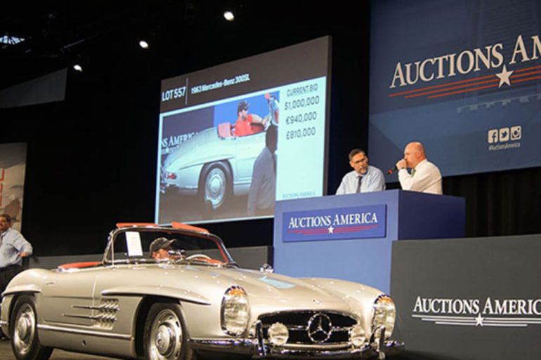 The sale-topping 1963 Mercedes-Benz 300SL Roadster crosses the Fort Lauderdale auction block (photo: Jonathan Lay)