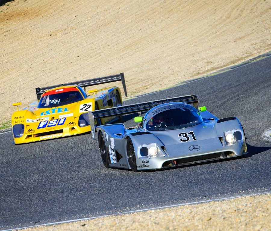 The 1989 Mercedes-Benz C11 leads going through a bend during The Jarama Classic 2017