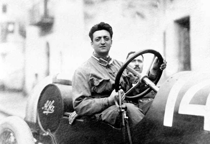 Enzo Ferrari with the mechanic Michele Conti. The car is an Alfa Romeo 20-40 HP. Ferrari's first race with Alfa.