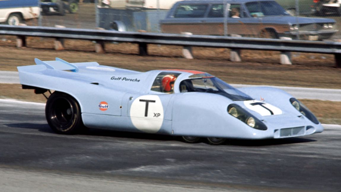 The six-wheel Porsche 917K being driven by Jo Siffert at Daytona in 1970.  Composite Fred Lewis photo by Louis Galanos. Picasa