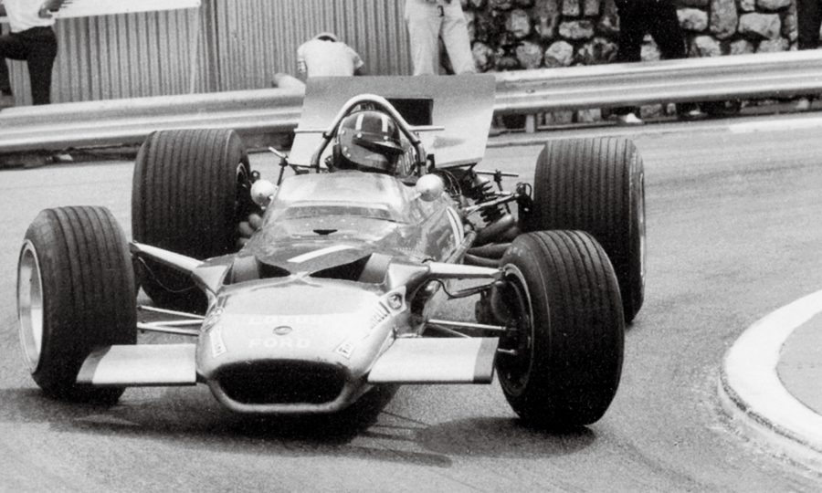 Graham Hill drives Lotus 49 to victory in the Monaco Grand Prix (1969).