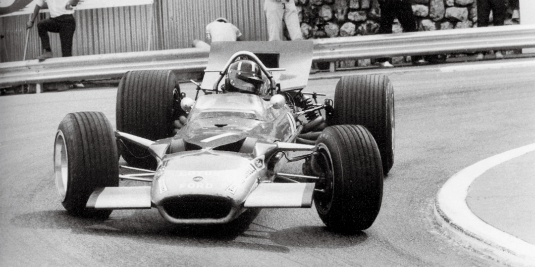 Graham Hill drives Lotus 49 to victory in the Monaco Grand Prix (1969).