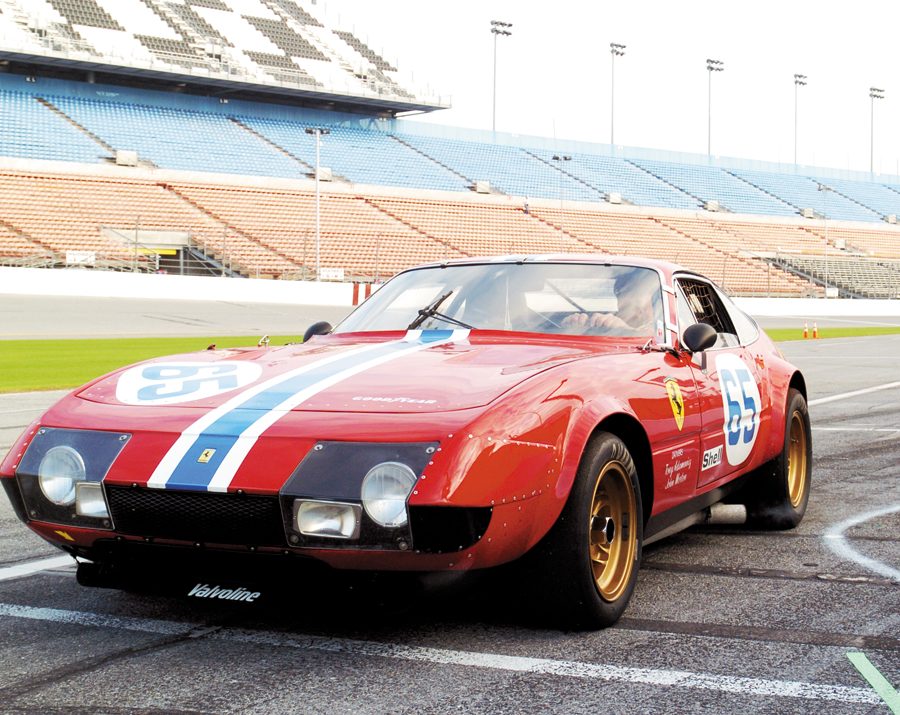 John Giordano pulls onto the pitlane in his 1973 Ferrari Daytona.