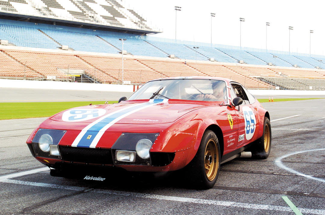 John Giordano pulls onto the pitlane in his 1973 Ferrari Daytona.