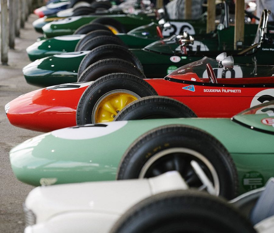 Lined up in the paddock before the 1957 British Grand Prix celebration