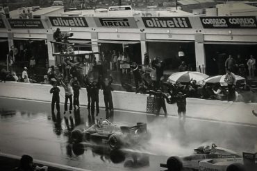 Ayrton Senna winning the 1985 Estoril Grand Prix in the Lotus 97T