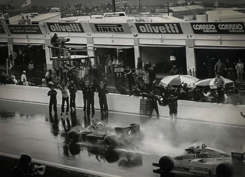 Ayrton Senna winning the 1985 Estoril Grand Prix in the Lotus 97T