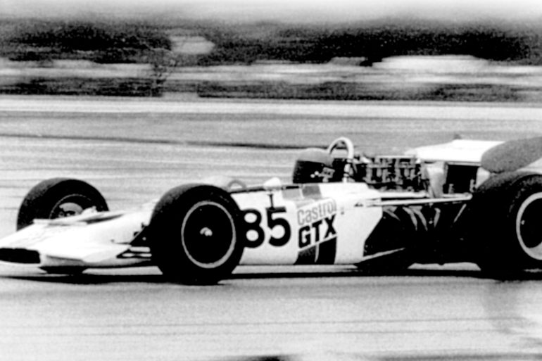 Bill Brack at the wheel of his Lotus 70 F5000 at Harewood Acres, Canada.