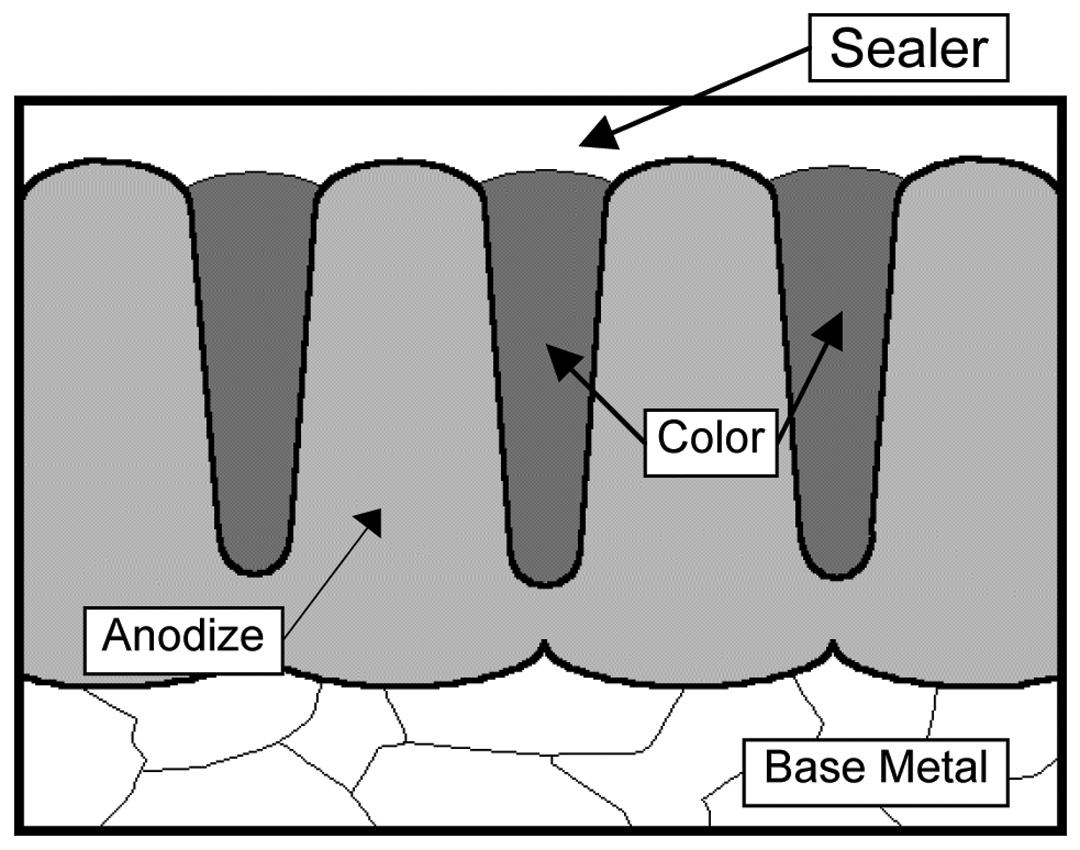 Cross-sectional view through an anodized piece of aluminum.