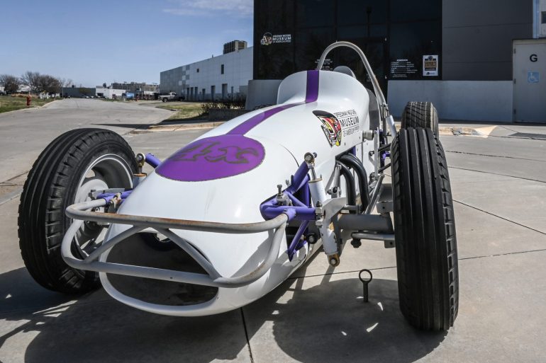 Race car displayed outside of the Museum of American Speed in Nebraska