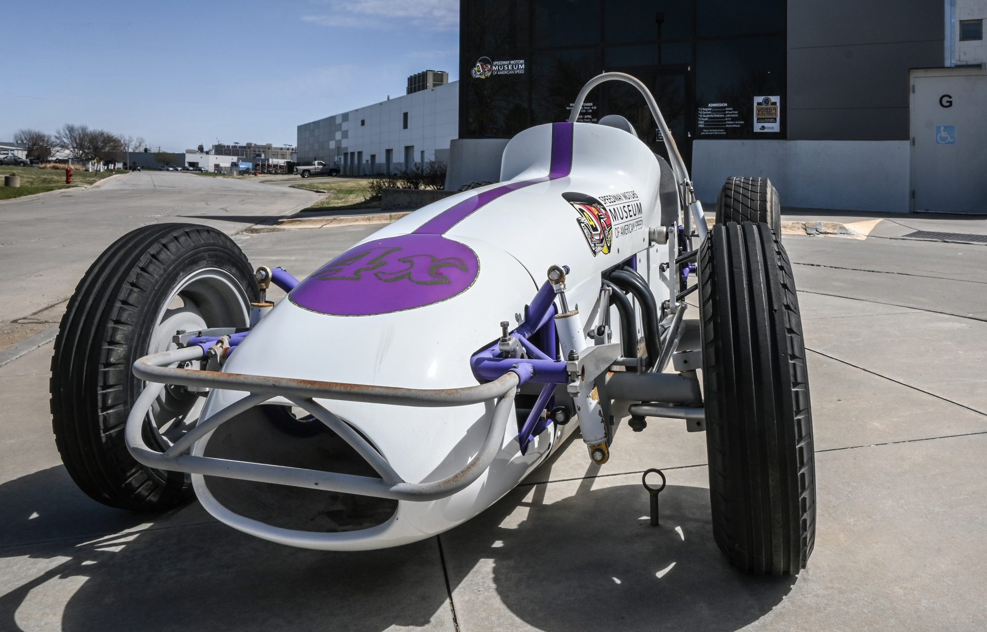 Race car displayed outside of the Museum of American Speed in Nebraska