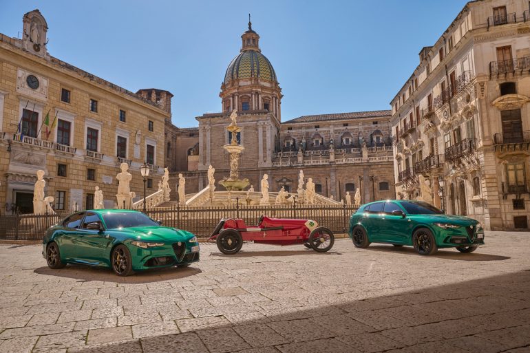 2024 Alfa Romeo Giulia and Stelvio Quadrifoglio 100th anniversary models (European spec shown) with historic 1923 RL Quadrifoglio Stellanits