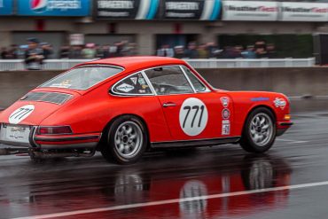 Cameron Healy doesn't let the slick conditions slow him down in this 1968 911S during Saturday mornings rain at RR7.